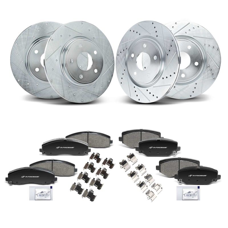 Front & Rear Drilled Rotors & Ceramic Brake Pads for Chrysler Dodge Ram VW