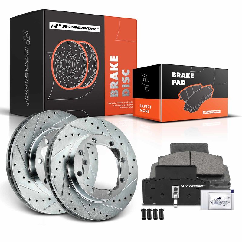 Front Drilled Rotors & Ceramic Brake Pads for Chevrolet K3500 GMC Dodge Ram 2500