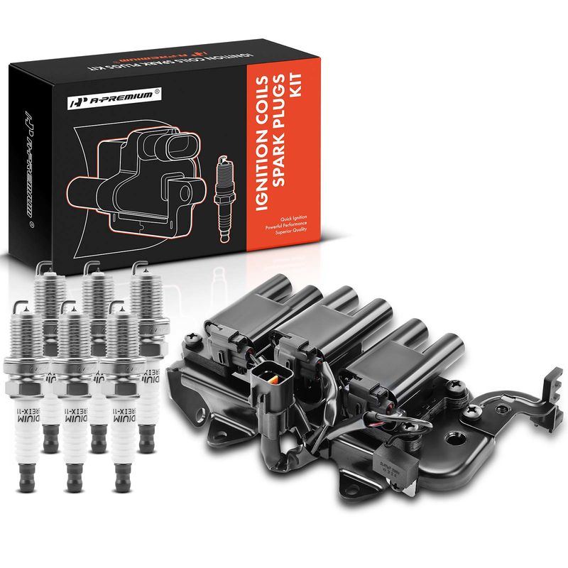 1x Black Ignition Coil & 6x IRIDIUM Spark Plug Kits for Hyundai Santa Fe 01-06