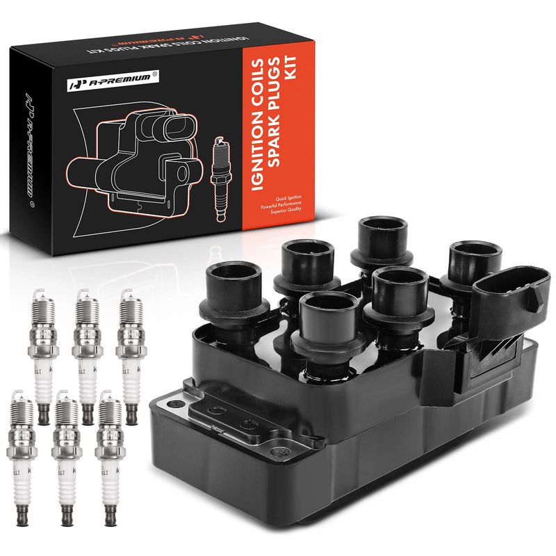 1x Black Ignition Coil & 6x IRIDIUM Spark Plug Kits for Ford Taurus 96-00 Mazda
