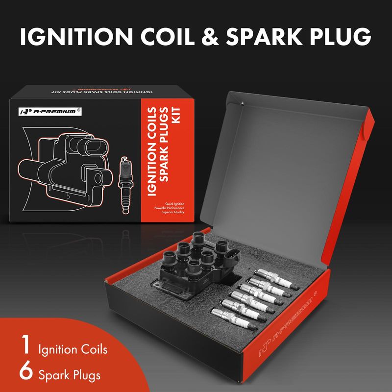 1x Black Ignition Coil & 6x IRIDIUM Spark Plug Kits for Ford Taurus 96-00 Mazda