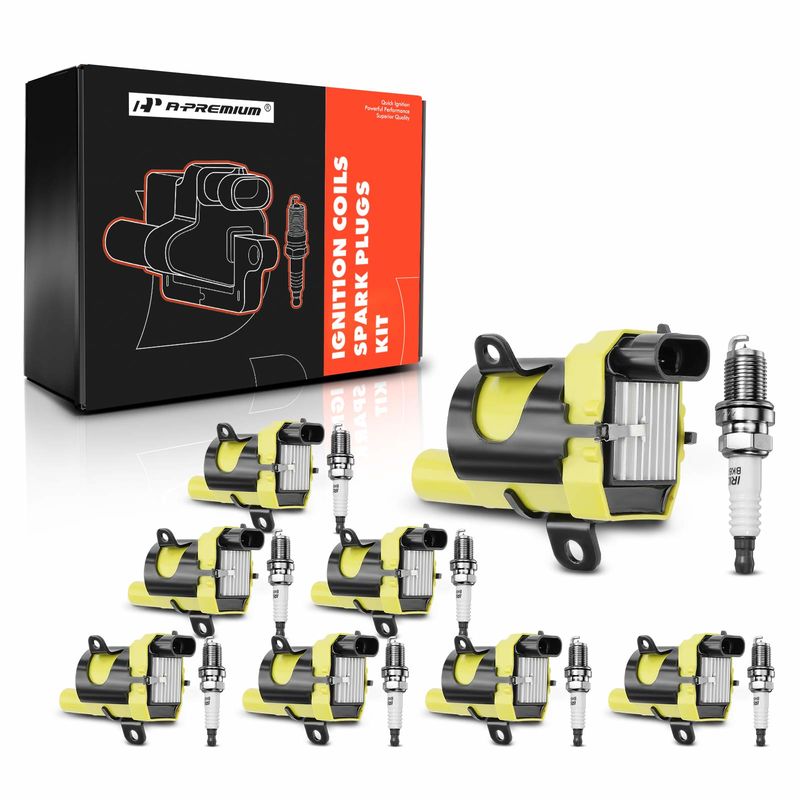 8x Yellow Ignition Coil & IRIDIUM Spark Plug Kits for Chevy GMC Cadillac Buick