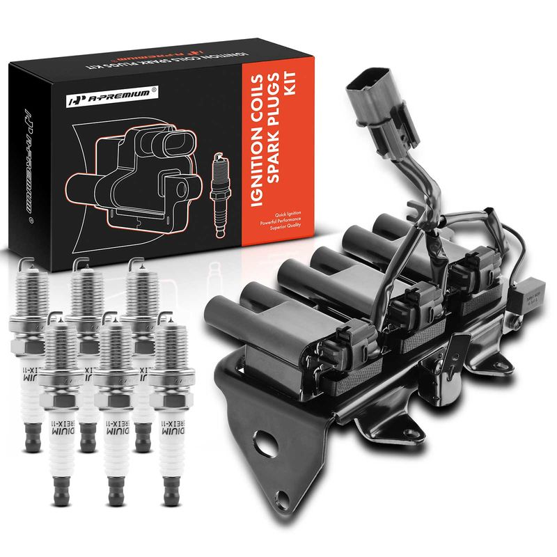 1x Black Ignition Coil & 6x IRIDIUM Spark Plug Kits for Kia Sportage 2005-2010