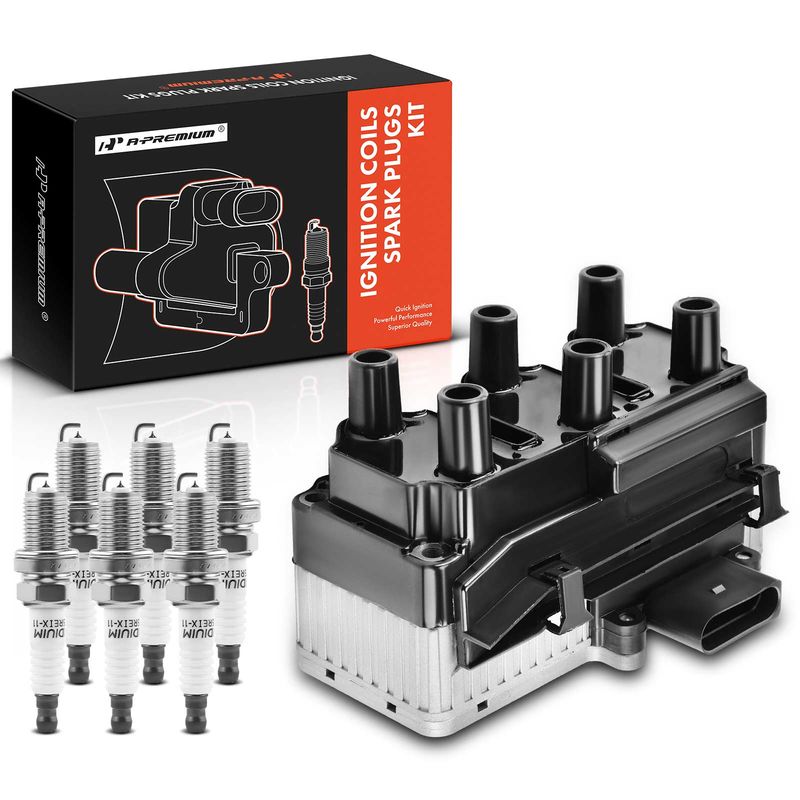 1x Black Ignition Coil & 6x IRIDIUM Spark Plug Kits for Volkswagen Golf 1999-2002