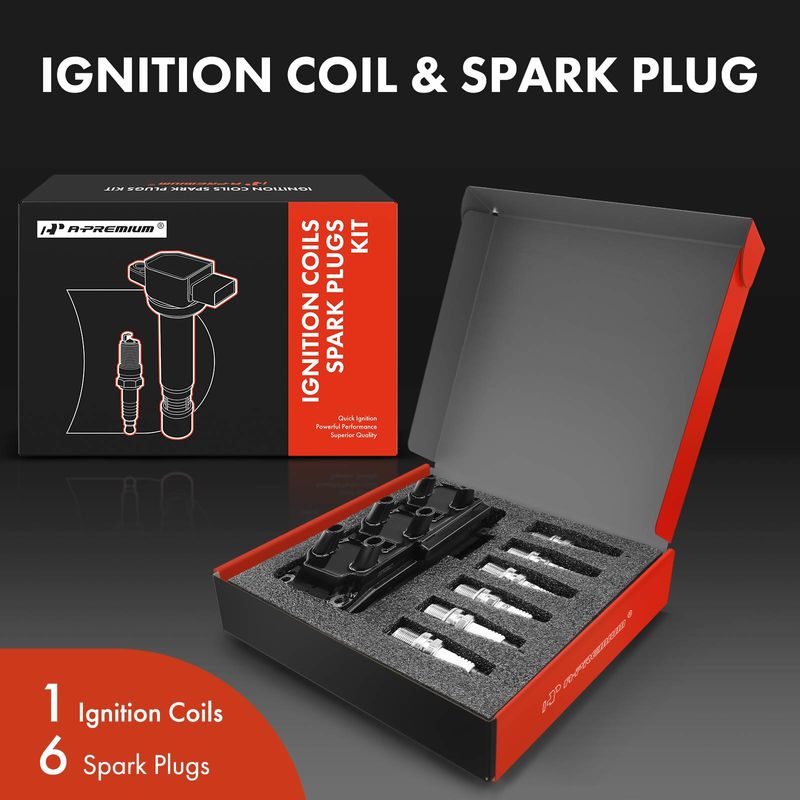 1x Black Ignition Coil & 6x IRIDIUM Spark Plug Kits for Volkswagen Golf 1999-2002