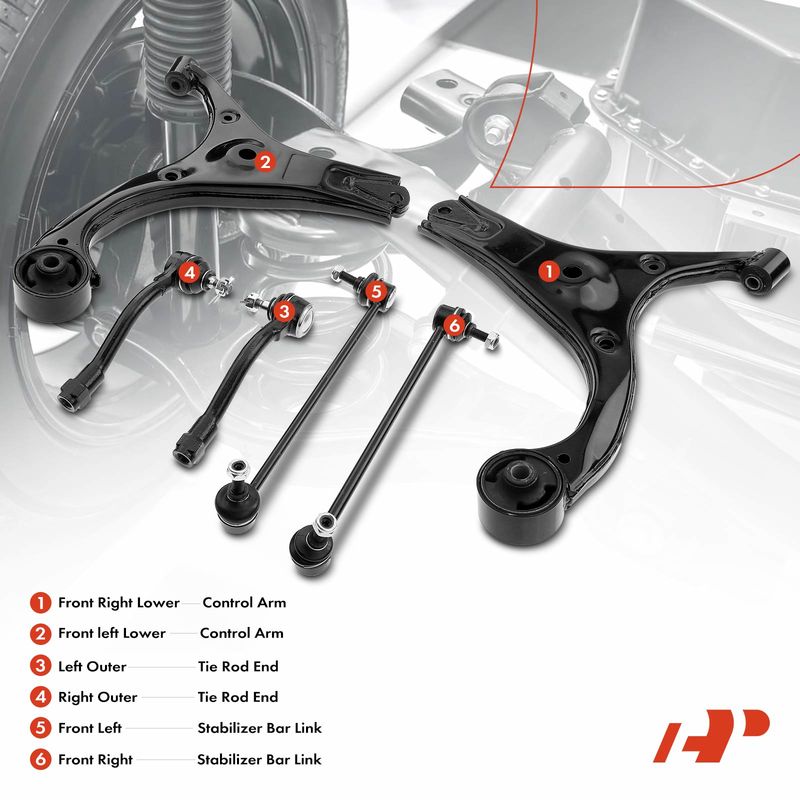 6x Front Control Arm Stabilizer Bar Link & Tie Rod End for Hyundai Accent
