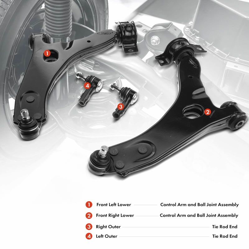 4x Front Control Arm with Ball Joint Tie Rod End for Ford Focus 2000-2004